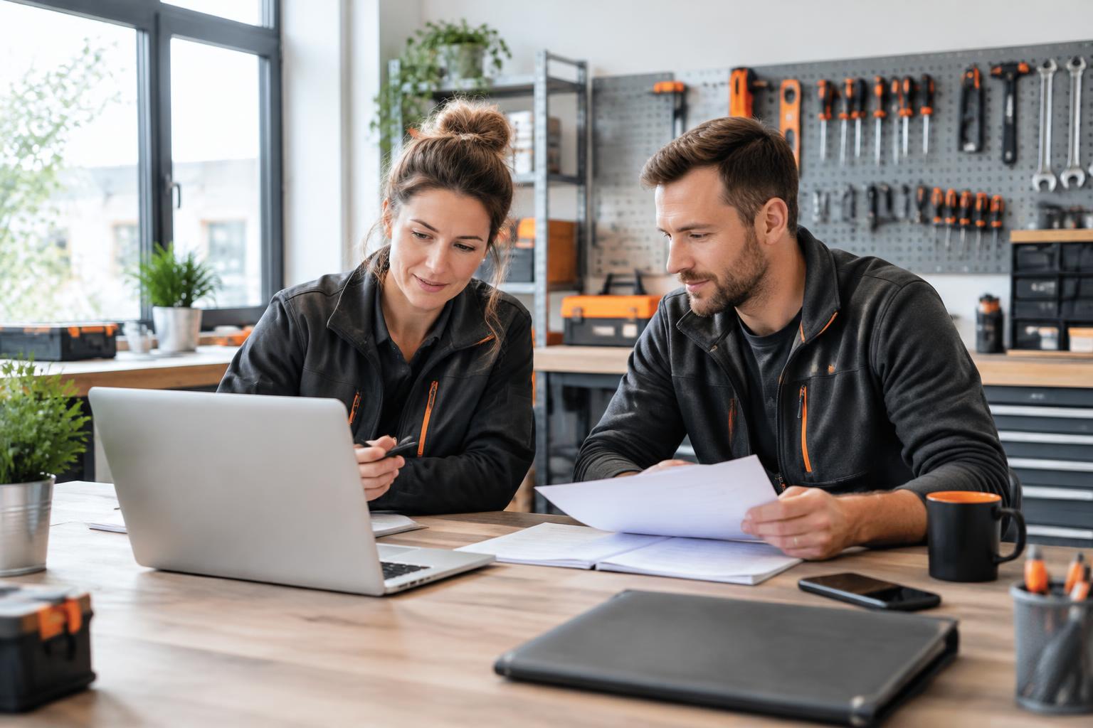 Zwei Personen besprechen Unterlagen in einer Werkstatt – KI-generiertes Motiv